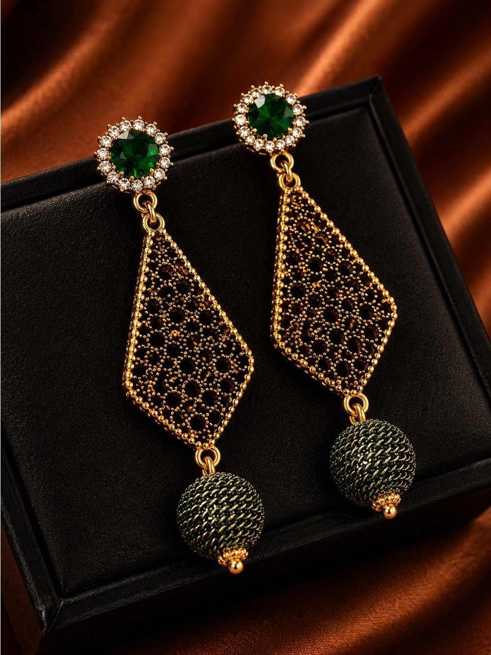 Gold color Filigree Drop Earrings with Deep Green Accents - Picture 1 of 6